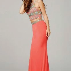 In Stock Jovani 39350 Two Piece Coral Prom Dress Size 4 Pageant Gown High Neck