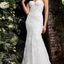Jovani Bridal JB02836 Strapless Lace 3d Floral Mermaid Wedding Dress Sheer Corset Mermaid Dresses