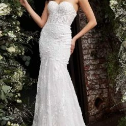 Jovani Bridal JB02836 Strapless Lace 3d Floral Mermaid Wedding Dress Sheer Corset Mermaid Dresses