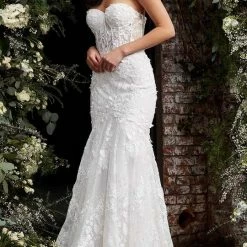 Jovani Bridal JB02836 Strapless Lace 3d Floral Mermaid Wedding Dress Sheer Corset Mermaid Dresses