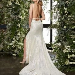 Jovani Bridal JB03592 Sequin Floral Lace Backless Wedding Dress Slit Train Fitted Backless Dresses