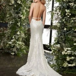 Jovani Bridal JB03592 Sequin Floral Lace Backless Wedding Dress Slit Train Fitted Backless Dresses