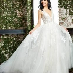 Jovani Bridal JB04745 Ivory Plunging Neck Tulle Sheer Lace Wedding Dress A Line