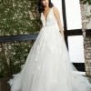 Jovani Bridal JB04745 Ivory Plunging Neck Tulle Sheer Lace Wedding Dress A Line