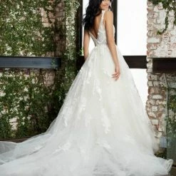 Jovani Bridal JB04745 Ivory Plunging Neck Tulle Sheer Lace Wedding Dress A Line