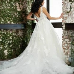 Jovani Bridal JB04745 Ivory Plunging Neck Tulle Sheer Lace Wedding Dress A Line