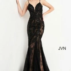 JVN By Jovani JVN06475 Lace Prom Dress Embroidery Fit And Flare Mermaid Sheer Corset