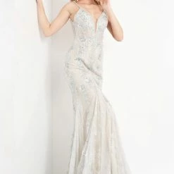 JVN By Jovani JVN06475 Lace Prom Dress Embroidery Fit And Flare Mermaid Sheer Corset