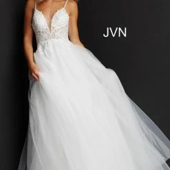JVN By Jovani Jovani JVN07595 Sheer Lace A Line V Neck Formal Prom Dress Wedding Gown