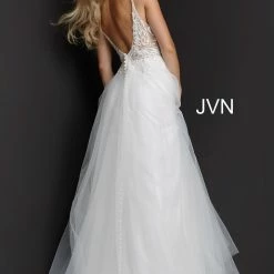 JVN By Jovani Jovani JVN07595 Sheer Lace A Line V Neck Formal Prom Dress Wedding Gown
