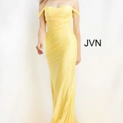 JVN By Jovani JVN07639 Long Fitted Off The Shoulder Prom Dress Evening Gown Ruched