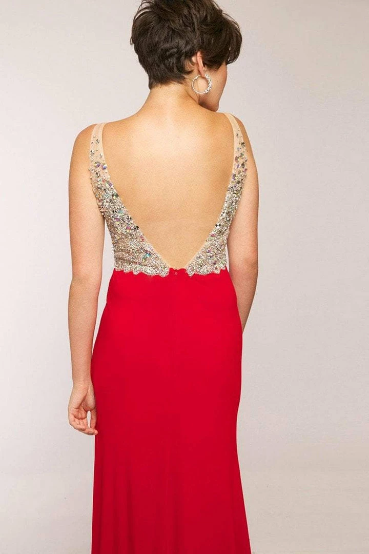 In Stock Jovani JVN86957 Size 8 Red Jersey Crystal Bodice Sheer Pageant Dress Slit 6 In Stock Jovani JVN86957 Size 8 Red Jersey Crystal Bodice Sheer Pageant Dress Slit