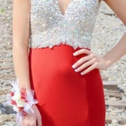 In Stock Jovani JVN86957 Size 8 Red Jersey Crystal Bodice Sheer Pageant Dress Slit