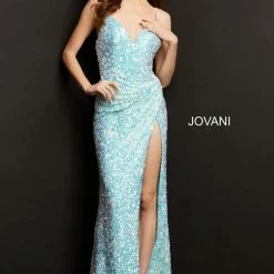 In Stock Jovani JVN07590 Size 2 Long Fitted Sequin Prom Dress Slit V Neck Formal Gown Pageant Light Blue