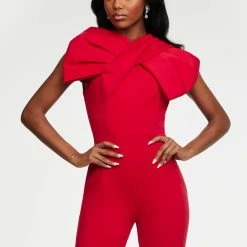 Ashleylauren Ashley Lauren 11098 Jumpsuit Large Bow Neckline Scuba Flared Legs