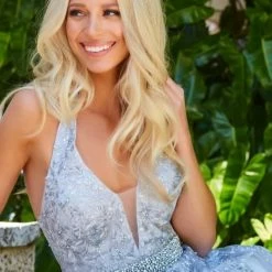 JVN By Jovani Ballgown Dresses Jovani JVN00923 Long Embellished Lace Ballgown Prom Dress Crystal Belt Halter Plunging