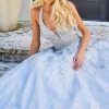 JVN By Jovani Ballgown Dresses Jovani JVN00923 Long Embellished Lace Ballgown Prom Dress Crystal Belt Halter Plunging