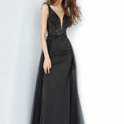 JVN By Jovani Jovani JVN02253 Long Fitted Sheer Embellished Prom Dress V Neck Tulle Overskirt