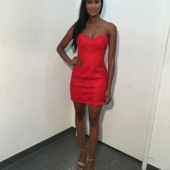 JVN By Jovani Corset Dresses Jovani JVN04034 Short Fitted Strapless Lace Formal Cocktail Dress Homecoming