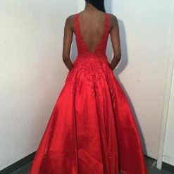 Discontinued Ballgown Dresses Jovani JVN04590 Long A Line Prom Dress Sheer Lace Formal Gown V Neck Pockets