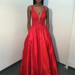 Discontinued Ballgown Dresses Jovani JVN04590 Long A Line Prom Dress Sheer Lace Formal Gown V Neck Pockets