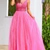 In Stock Ballgown Dresses Jovani JVN05818 Fuchsia Prom Dress Long A Line Glitter Tulle Sheer V Neck Backless Embellished Size 8