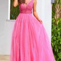 JVN By Jovani Jovani JVN05818 Long A Line Glitter Tulle Sheer V Neck Prom Dress Backless Embellished