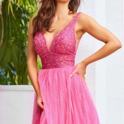 In Stock Ballgown Dresses Jovani JVN05818 Fuchsia Prom Dress Long A Line Glitter Tulle Sheer V Neck Backless Embellished Size 8