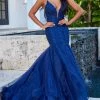 In Stock Mermaid Dresses Jovani JVN07398 Navy Lace Mermaid Prom Dress Formal Embellished Pageant Gown