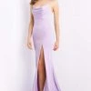 JVN By Jovani JVN08569 Cowl Neckline Prom Dress Fitted Godet Sweeping Train Side Slit Lace Up Back