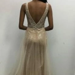 In Stock Jovani JVN2343 Size 4 Champagne Long Prom Dress Glitter Shimmer Plunging Neckline 9 In Stock Jovani JVN2343 Size 4 Champagne Long Prom Dress Glitter Shimmer Plunging Neckline