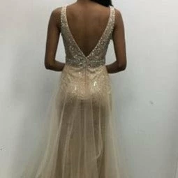 In Stock Jovani JVN2343 Size 4 Champagne Long Prom Dress Glitter Shimmer Plunging Neckline 6 In Stock Jovani JVN2343 Size 4 Champagne Long Prom Dress Glitter Shimmer Plunging Neckline