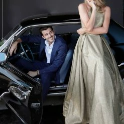 In Stock Jovani JVN2368 Size 14 Metallic A Line Prom Dress Pockets Ballgown High Neckline