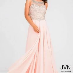 In Stock Jovani JVN27809 Peach Size 10 A Line Sheer Embellished Formal Dress Backless