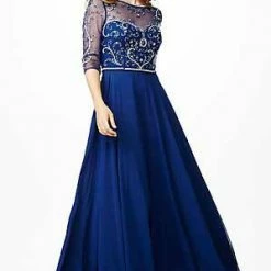 In Stock Jovani JVN31443 Size 22 Navy Prom Dress Sheer Sleeves High Neck High Neck Illusion Ballgown Dresses