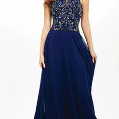 In Stock Jovani JVN 33700 Halter Chiffon Long Gown In Navy Size 2 Formal Dress