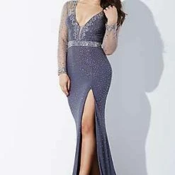 In Stock Long Sleeve Dresses Jovani JVN 36753 Size 0 Sheer Long Sleeve Formal Prom Dress Slit V Neck Illusion Back