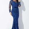 In Stock Long Sleeve Dresses Jovani JVN 36962 Size 10 Navy Long Sleeve Sheer Formal Dress Mother Of Gown