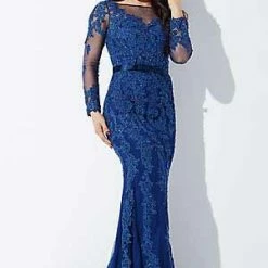 In Stock Long Sleeve Dresses Jovani JVN 36962 Size 10 Navy Long Sleeve Sheer Formal Dress Mother Of Gown