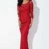 In Stock Long Sleeve Dresses Jovani JVN 37217 Size 14 Red Long Sleeve Lace Formal Dress Sheer Long Gown