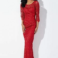 In Stock Long Sleeve Dresses Jovani JVN 37217 Size 14 Red Long Sleeve Lace Formal Dress Sheer Long Gown