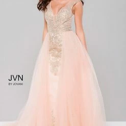 In Stock JVN By Jovani 41677 Black/Gold Size 16 Plus Size Prom Dress Tulle Sheer Plunging Neckline Long Sleeve Dresses