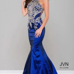 In Stock Mermaid Dresses Jovani JVN 41685 Size 8 Navy Iridescent Prom Dress High Neck Lace Mermaid Gown