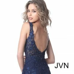 JVN By Jovani Jovani JVN4270 Navy Cocktail Dress Short Lace Plunging Neckline Fitted Homecoming Dress