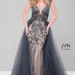 In Stock Jovani JVN 46081 Size 0 Charcoal Prom Dress Overskirt Pageant Gown Sheer Long Sleeve Dresses