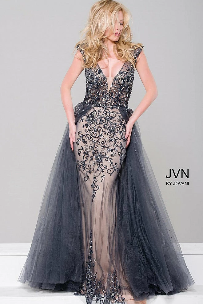 In Stock Jovani JVN 46081 Size 0 Charcoal Prom Dress Overskirt Pageant Gown Sheer Long Sleeve Dresses 3 In Stock Jovani JVN 46081 Size 0 Charcoal Prom Dress Overskirt Pageant Gown Sheer Long Sleeve Dresses