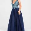 In Stock Ballgown Dresses Jovani JVN 48647 Embroidered Top Ballgown Navy Size 4 A Line Lace Floral