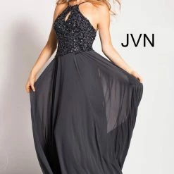 In Stock Jovani JVN 50069 Keyhole Beaded Bodice Flowy Prom Dress Size 4 Charcoal