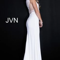 In Stock Jovani JVN 50950 Long Sheer Beaded Size 4 Navy Formal Evening Dress Lace