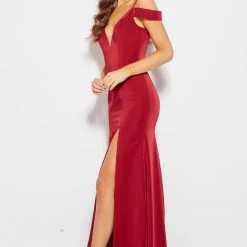 In Stock Jovani JVN 57297 Size 10 Off The Shoulder Prom Dress Burgundy Slit Evening Gown